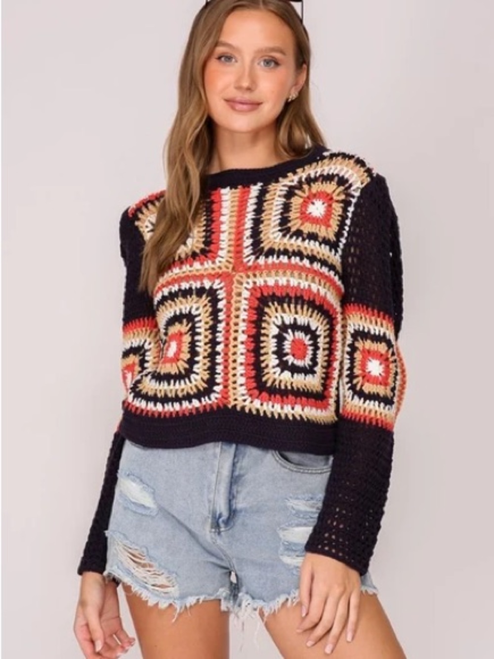 Lumiere Navy Crochet Square Multi-Color Crewneck Sweater
